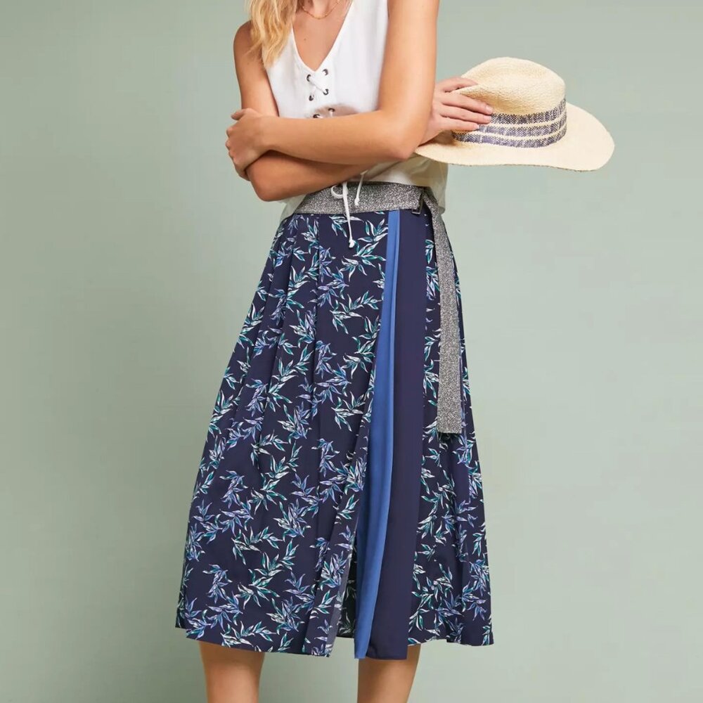 NWT Anthropologie Eri + Ali Shimmer Printed Midi Skirt Blue Motif
